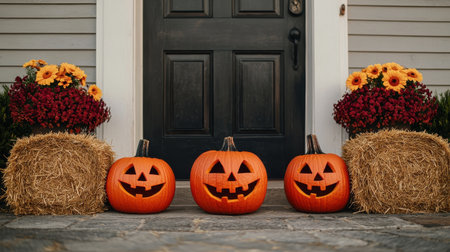 Festive Halloween Display with Carved Pumpkins, Colorful Flowers, and Straw Bales at Front Door for Autumn Celebration and Outdoor Decoration Ideasの素材