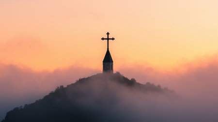 Serene Sunrise Over Mountain with Cross Silhouette Surrounded by Misty Fog Creates a Spiritual Atmosphere for Reflection and Peacefulnessの素材