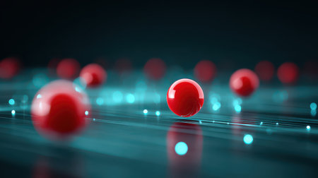 Abstract Red Spheres on a Futuristic Background with Soft Blue Light Effects and Digital Elements Representing Technology and Innovation Conceptsの素材