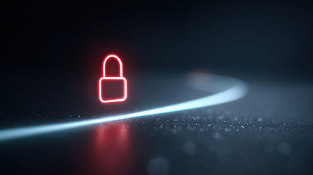 Neon padlock glowing in a dark space representing security, protection, safety, and digital encryption technology in a modern conceptual designの素材