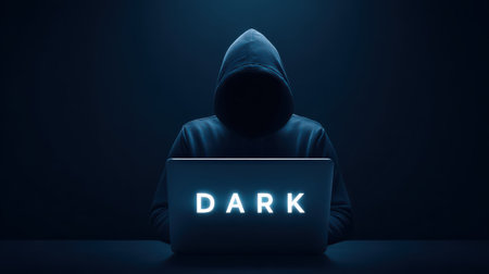 Mysterious figure in hooded sweatshirt using laptop in dark environment, glowing letters, concept of anonymity and digital secrecy in modern technologyの素材