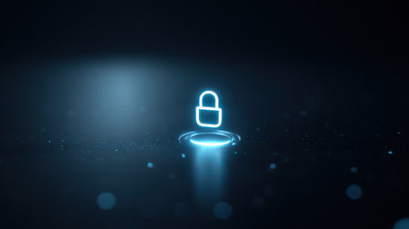 Futuristic Digital Lock Icon in Blue Light with Sparkles on a Dark Background Emphasizing Cybersecurity and Data Protection Conceptsの素材