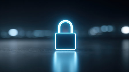 Glowing Lock Icon Representing Security and Protection in a Digital Environment with a Futuristic Background and Soft Light Effectsの素材