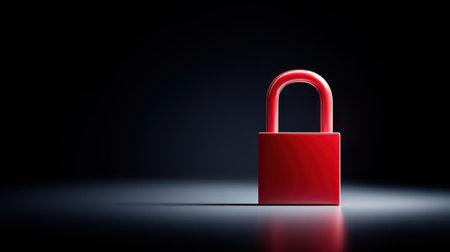 Bright Red Padlock on Dark Background with Dramatic Lighting Symbolizing Security, Protection, Safety, and Privacy in Conceptual Imageryの素材