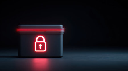 Modern secure box with glowing lock symbol on a dark background, representing safety, privacy, and protection in digital and physical space.の素材