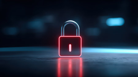 Modern Padlock with Neon Light Effects in a Dark Environment Symbolizing Digital Security and Data Protection Conceptsの素材