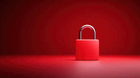 Secure Red Lock with Shiny Silver Shackle on Bold Red Background for Themes of Safety, Protection, Confidentiality, and Security Concepts in Design Projectsの素材