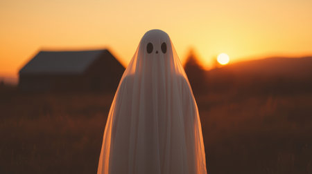 Mysterious Ghost Figure in Silhouette at Sunset with Warm Colors and Rural Background Evoking Halloween Spirit and Whimsical Atmosphereの素材