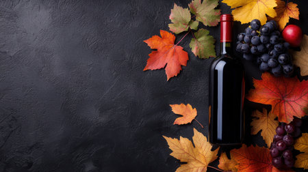 Elegant Arrangement of Red Wine Bottle Surrounded by Fall Leaves and Fresh Grapes on a Dark Background for Seasonal Celebrations and Eventsの素材