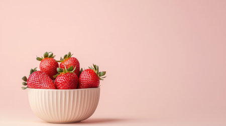 Fresh and Juicy Strawberries in a Modern Bowl against a Soft Pink Background Perfect for Health and Nutrition Conceptsの素材