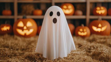 Whimsical Ghost Decor with Pumpkin Backgrounds for a Spooky Halloween Themed Celebration in a Rustic Setting with Strawの素材