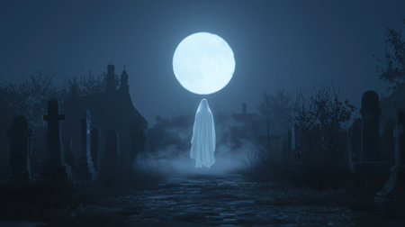 Ethereal Ghost Emerges in a Foggy Graveyard Under a Full Moon Creating a Haunting Atmosphere for Halloween and Paranormal Themesの素材