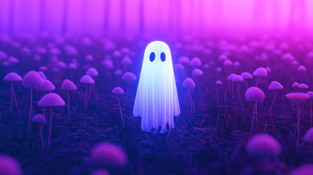 Ethereal Ghost in Enchanted Forest Surrounded by Glowing Mushrooms Under Mysterious Purple and Pink Fog at Dusk Captivating Halloween Atmosphereの素材