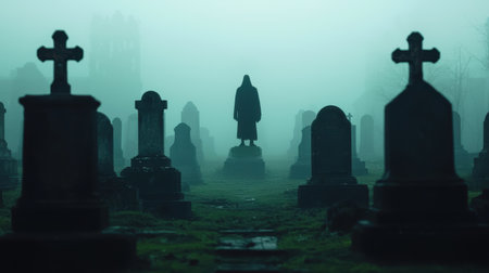 Mysterious Foggy Graveyard with Shadows, Statues, and Crosses Surrounded by Eerie Atmosphere at Dusk in an Enchanted Landscapeの素材