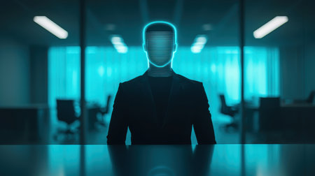 Futuristic Businessman in Dark Suit with Glowing Digital Face Silhouette in Modern Office Environment Representing Technology and Innovationの素材