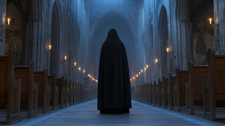 Mysterious cloaked figure in dark medieval chapel illuminated by flickering candles and enveloped in a mystical blue haze, evoking intrigue and reverenceの素材
