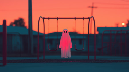 Mystical apparition in playground at twilight showcasing a haunting presence evoking nostalgia and childhood fears under a vivid sunset skyの素材