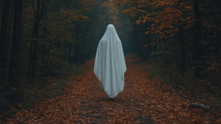 Mysterious figure in white cloak walking through autumn forest surrounded by colorful fallen leaves in fading daylightの素材