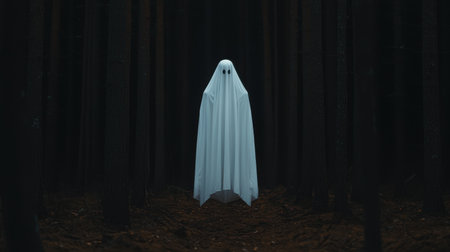 Mysterious Ghost Figure in Dark Forest Setting Surrounded by Tall Trees at Night with Eerie Atmosphere Evoking Supernatural Feelings and Spooky Vibesの素材