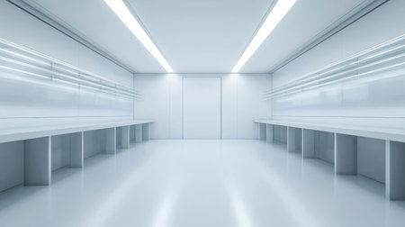 Sleek Modern Minimalist Interior of a Spacious Empty Room with White Walls and Bright Lighting Ideal for Clean and Contemporary Usesの素材