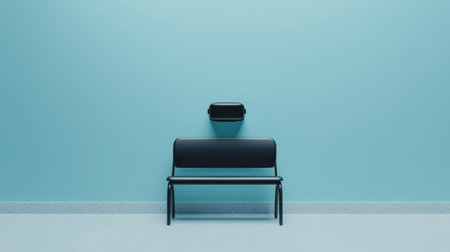 Minimalist black bench against a vibrant blue wall with a stylish trash can hanging above, creating a contemporary and clean aesthetic for urban spacesの素材