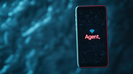 Smartphone Displaying Agent Text on Dark Background with Wireless Signal Symbol, Modern Mobile Technology Concept for Digital Communication and Connectivityの素材