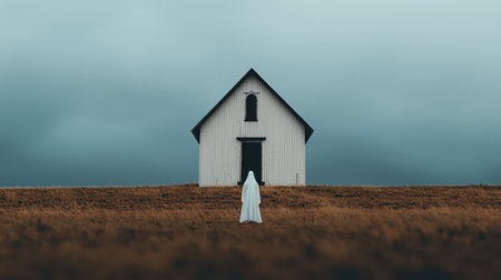Ethereal figure in white approaching a solitary wooden church under a gloomy sky, evoking mystery and tranquility in a desolate landscapeの素材