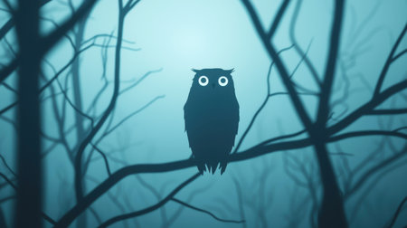 Mysterious Owl Perched on a Branch Surrounded by Foggy Tree Silhouettes in a Dark Enchanted Forest Setting with Ethereal Blue Tonesの素材