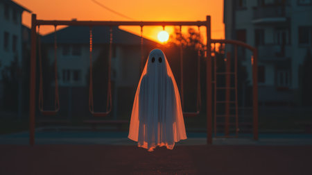 Ethereal Ghost Figure Haunting an Empty Playground at Sunset with Vibrant Orange Sky and Play Equipment Silhouettesの素材