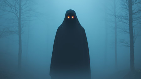 Mysterious figure in dark cloak with glowing eyes in an eerie foggy forest creating a haunting and suspenseful atmosphere, evoking fear and intrigueの素材