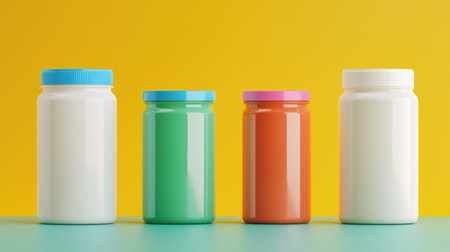 Colorful Variety of Plastic Jars on a Bright Yellow Background for Food Storage or Packaging Conceptsの素材