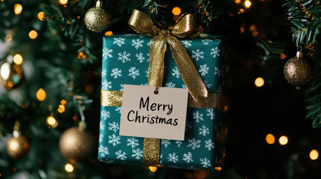 Festive Green Gift Box with Gold Ribbon and Tag Hanging on Christmas Tree with Warm Fairy Lights in Background and Snowflake Designの素材