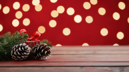 Festive Christmas Decor with Pine Cones, Red Gift Box, and Green Pine Branches Against a Dazzling Bokeh Background of Soft Glowing Lightsの素材