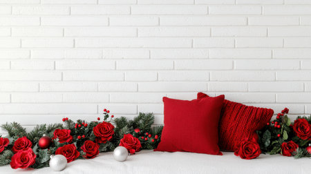 Cozy Holiday Decoration with Red Roses, Soft Cushions, and Festive Ornaments against a White Brick Wall in a Warm Indoor Settingの素材