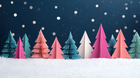Colorful paper trees in a snowy landscape with bokeh lights creating a festive winter atmosphere for holiday-themed designs and winter celebrationsの素材