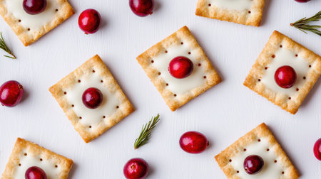 Delicious and Festive Crackers with Cream Cheese, Cranberries, and Fresh Herbs on a White Background for Culinary and Holiday Themesの素材
