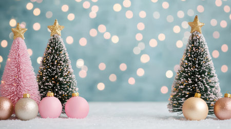 Festive Christmas Trees with Gold and Pink Ornaments Surrounded by a Soft Blue Background and Beautiful Bokeh Lights for Holiday Celebrationsの素材