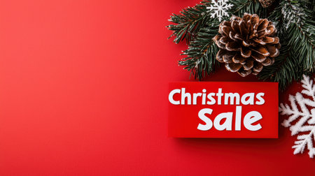 Vibrant Christmas Sale Banner with Pine Branches, Snowflakes, and Pine Cone Decorations on a Bright Red Background for Holiday Promotionsの素材