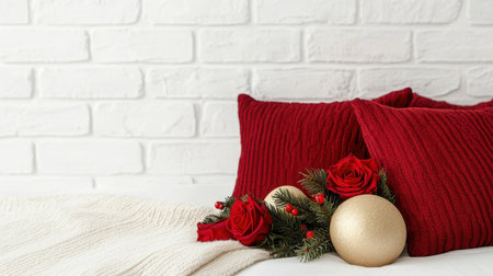 Cozy festive decor with red pillows, gold ornaments, and holiday roses on white background for warm and inviting seasonal home atmosphereの素材