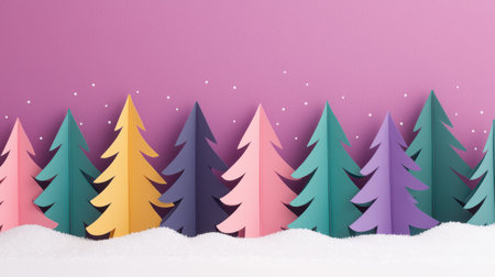 Colorful Paper Trees in Winter Scene with Snow and Pink Background, Perfect for Holiday and Seasonal Designs or Crafts, Creative Paper Art Displayの素材