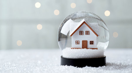 Snow Globe with Miniature House Surrounded by Snowflakes and Soft Bokeh Background Ideal for Holiday or Winter Themesの素材