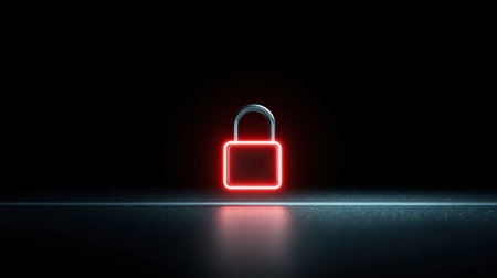 Neon glowing padlock symbol representing security, protection, privacy, and safety in a dark environment with reflections on a smooth surfaceの素材