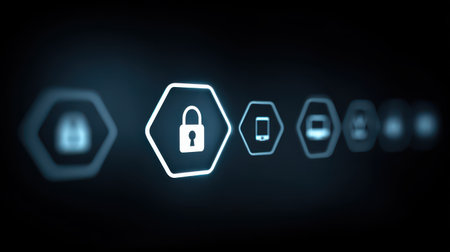 Digital Security Icons with Lock Symbol and Various Devices Representing Cyber Protection and Encryption Technology in Modern Digital Environmentの素材