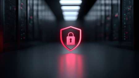 Digital security shield with padlock symbol glowing in a modern server room environment, representing cybersecurity and data protection conceptsの素材