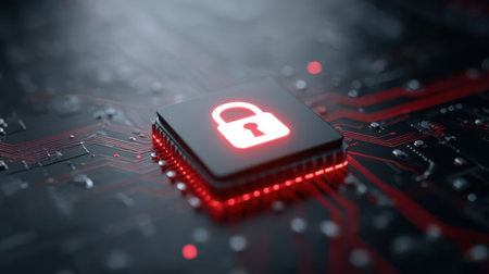 Close-Up View of Circuit Board with Red Lock Icon Symbolizing Cybersecurity Technology and Data Protection Concepts for Digital Safety in Modern Networkingの素材