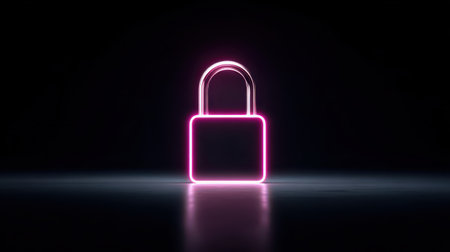 Neon pink lock on dark background symbolizing security, protection, technology, and digital safety, casting reflections on smooth surfaceの素材