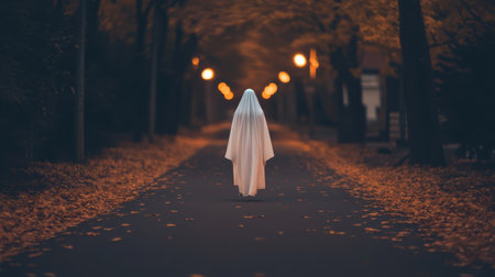 Eerie Night Scene of a Mysterious Figure Dressed in a White Sheet Walking on an Autumn Pathway Surrounded by Golden Leaves and Street Lampsの素材