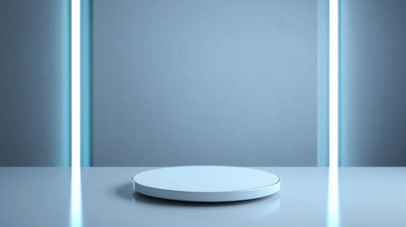 Modern and Minimalistic Display Stand with Soft Blue Lighting in Contemporary Interior Setting for Product Presentation and Showcasingの素材