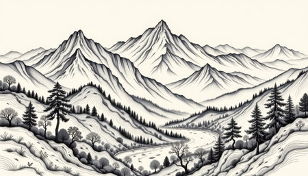 Black and White Illustration of Majestic Mountains with River and Evergreens in a Serene Natural Landscape Sceneの素材
