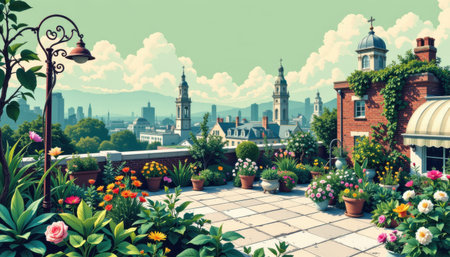 Serene Rooftop Garden Overlooking Cityscape with Lush Flowers, Towering Buildings, and Scenic Mountains in Bright Blue Skyの素材